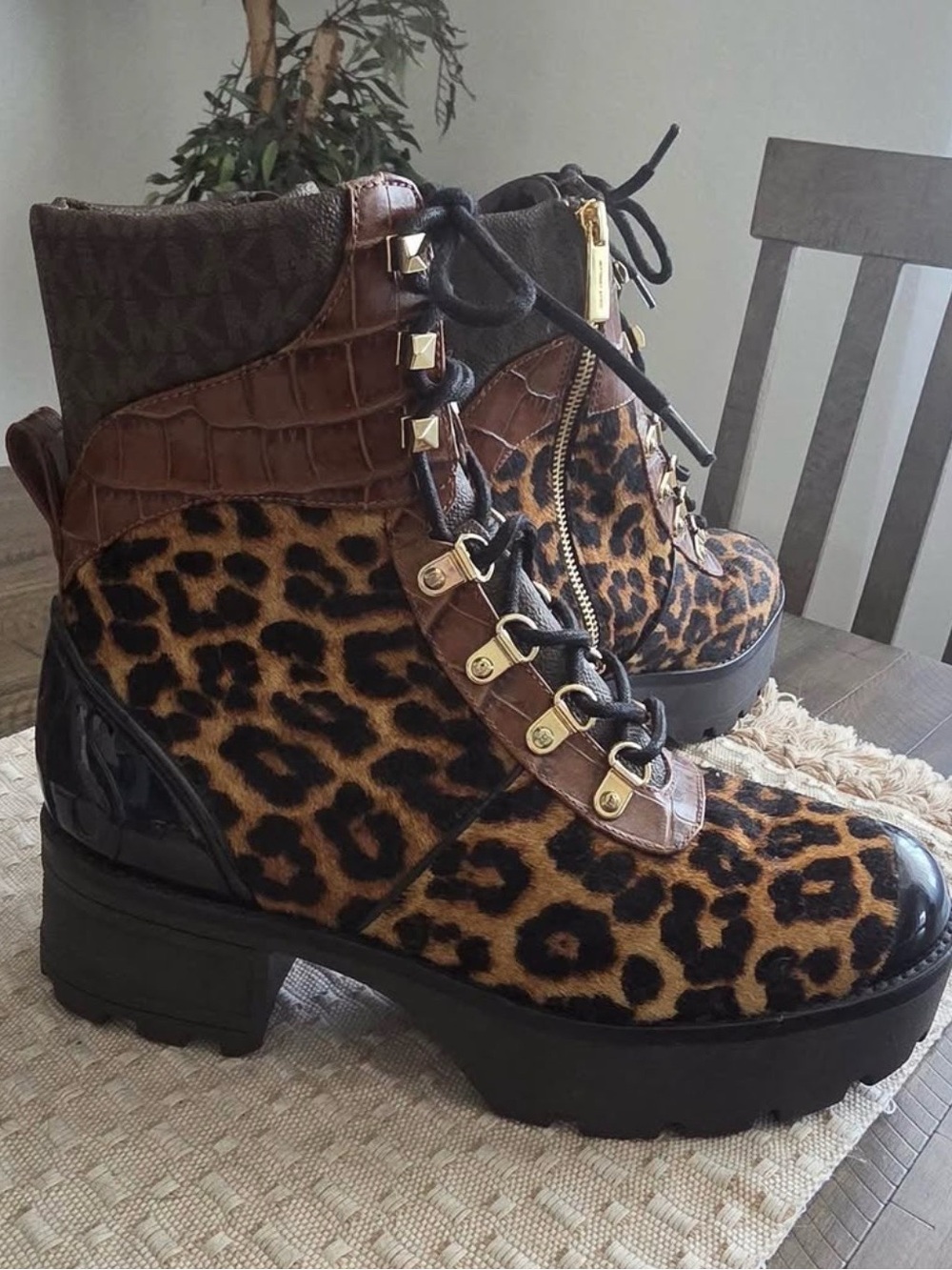 Michael Kors Leopard Print Lace-Up Platform Ankle Boots - Brown/Black